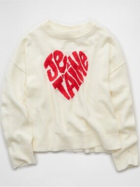 American Eagle Outfitters Cream Crewneck Sweater with Red Heart Graphic